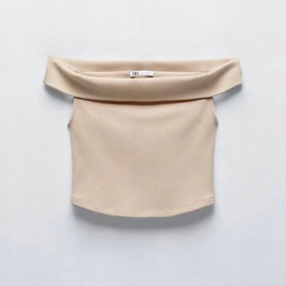ZARA beige off the shoulder ribbed crop top